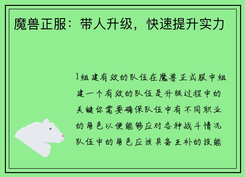 魔兽正服：带人升级，快速提升实力